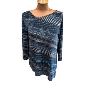 Chicos Travelers Blue Geometric Print Tunic Top‎ Size 1 Asymmetric Cruise Boho